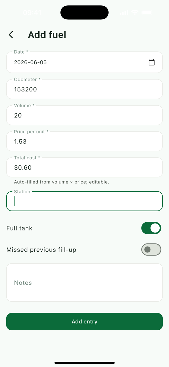 Logging a fuel fill-up in CarLog
